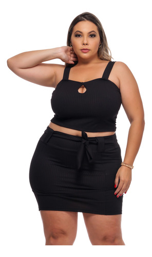 Conjunto Saia E Cropped Decote Com Elastano Plus Size 