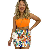 Short Saia Feminino Fenda Estampado Tendência