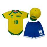 Body Temático Futebol Brasil + Shorts E Chapeu 0 A 12 Meses