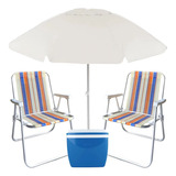 Kit Guarda Sol 2 M Bege+ Cooler 18l + 2 Cadeiras De Praia