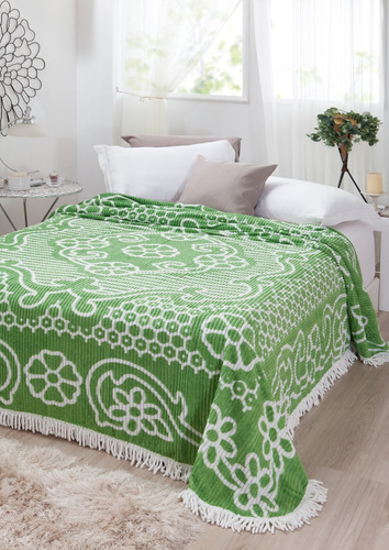 Colcha Casal Jolitex Chenille Canelada Verde/branco