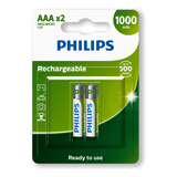 02 Pilhas Aaa 1000mah Recarregável Philips 1 Cartela