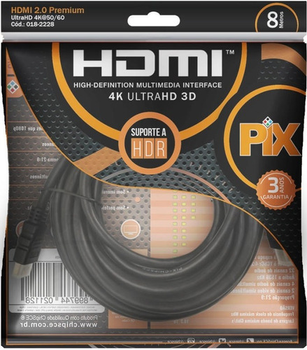 Cabo Hdmi 2.0 Ultra Hd 4k 8,00 Metros