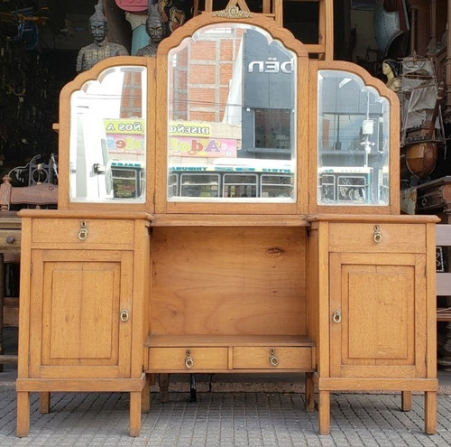 Toilette Antiguo De Roble Madera Maciza Con Espejo Biselado