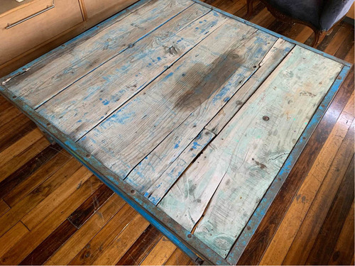 Mesa De Centro Metálica Con Madera Antigua