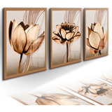 Quadros Decorativos Grande Trio Flores Tom Cobre Folhas Sala