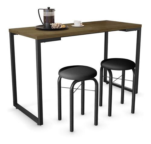 Conjunto Mesa Cozinha Industrial 120cm Com 2 Banquetas Preta