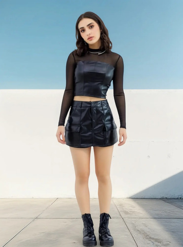 Falda Short Corta Piel Sintetica Tipo Cargo Talle Alto