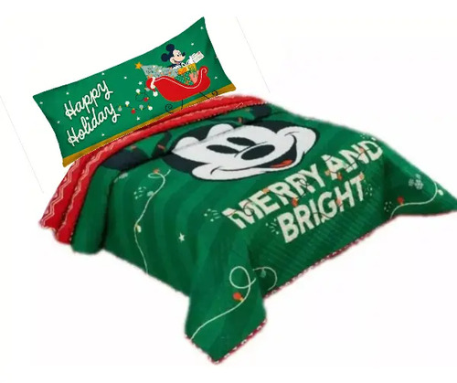 Colcha Edredon De Mickey Navidad Individual Con Almohada