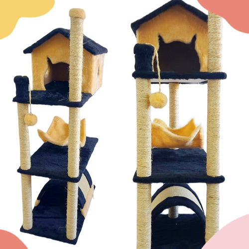 Arranhador Para Gatos 3 Andares Com Casinha E Rede Ld Pet Cor Preto Com Creme