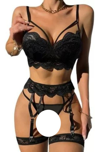 Lenceria Conjunto Encaje Sexy Con Liguero Negro