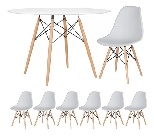 Conjunto Jantar Eames Eiffel 6 Lugares Mesa 120cm 6 Cadeiras Cor Da Tampa Mesa Branco Com Cadeiras Cinza Claro