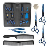 Kit Barbeiro Cabeleireiro Pente Navalhete Tesouras Aço Inox Cor Azul