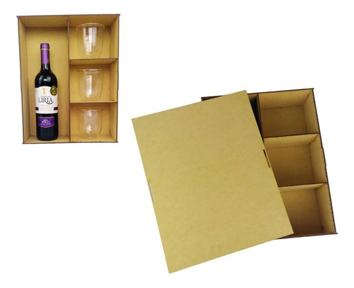 Caja Para Botella Vino Copa Con Tapa Divisones Mdf 3 Madera