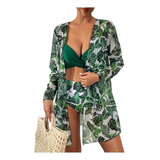 B 3 Piezas Conjunto De Playa Floral Bikini + Kimono Mujer