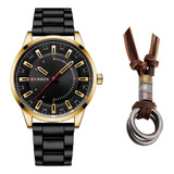 Relógio Masculino Casual Aço Inox De Luxo + Cordão Ajustável Cor Da Correia Preto Cor Do Bisel Dourado Cor Do Fundo Preto
