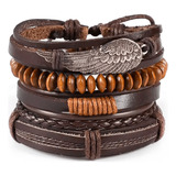 Pulsera Hombre Cuero Genuino Set 4 En 1 Ala Marron Brazalete