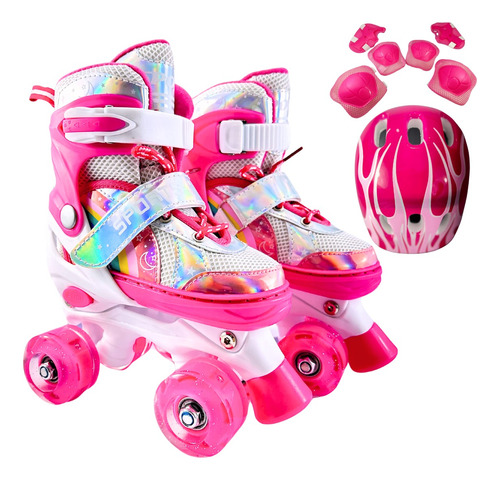 Patins Quad Ajustável Arco-íris Rodinhas Led + Kit Proteção