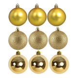 Kit 9 Bolas De Natal 6cm Fosca Brilhante Glitter Dourado