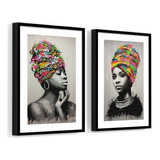 Kit 2 Quadros Mulheres Africanas Estilo Pintura Preto 40x60