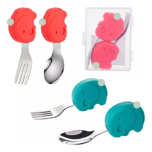 Set De Cubiertos Acero Cuchara-tenedor Mango Silicona Niños