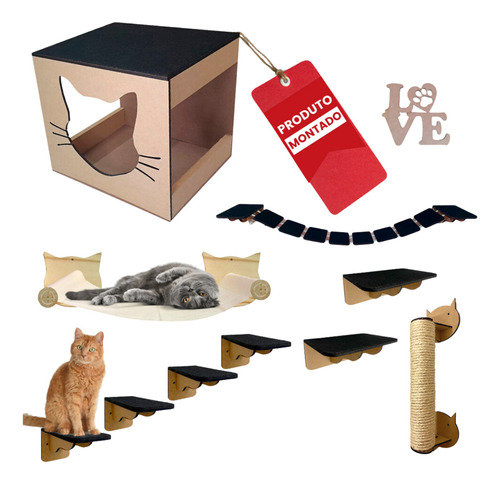 Grupo Paraíso Mdf Playground Para Gato 10 Pcs Ponte Prateleira Degrau Caixa Cor Cru Com Carpete Preto