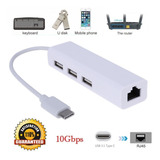 1 Adaptador Hub Usb 3 Puertos Y Rj45 Ethernet Usb 3.1 Tipo C