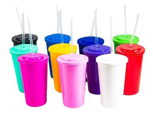 Set 30 Vasos Plasticos Con Tapa Y Sorbete Colores Souvenir 