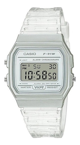 Reloj De Pulsera Casio Collection F-91wg-9qdf-sc De Cuerpo Color Plateado, Digital, Para Hombre, Fondo Gris, Con Correa De Resina Color Transparente, Dial Negro, Minutero/segundero Negro, Bisel Color 