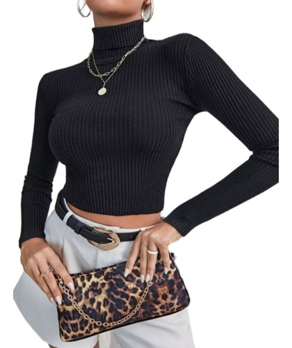 Sweater Crop Top Cuello Tortuga Tejido Canalé