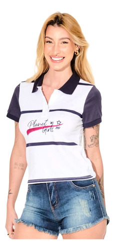 Camiseta Polo Feminina Piquet Listrada Planet Girls97 Branca