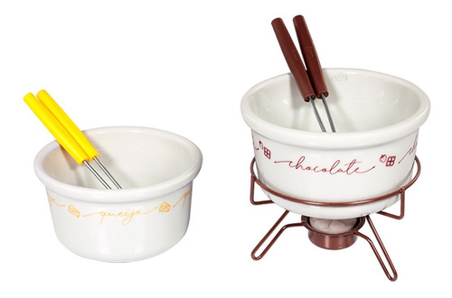 Panela Fondue Aparelho Porcelana 09 Peças Doce E Salgado