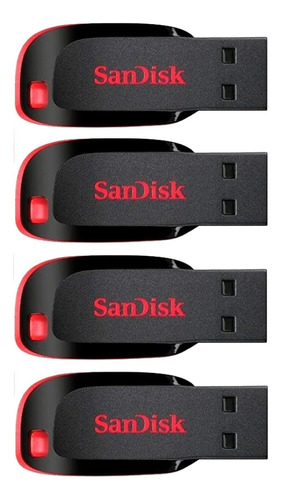 Kit 4 Pendrive Sandisk Cruzer Blade 64gb 2.0 Preto Vermelho