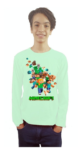 Polera Minecraft Niños Manga Larga Estampada Dtf Cod 0002