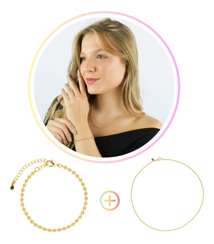 Kit Conjunto Colar Pulseira Bolinhas Semi Joias Banhado Ouro