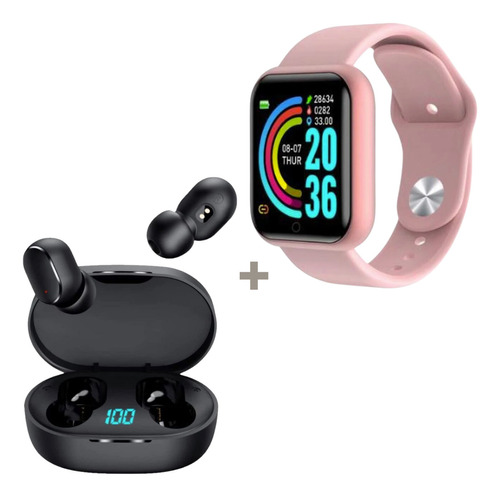 Kit Smartwatch Relógio Inteligente + Fone De Ouvido Sem Fio Cor Da Pulseira Rosa/preto