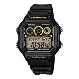 Reloj Pulsera Casio Youth Ae-1300 De Cuerpo Color Negro, Digital, Fondo Negro, Con Correa De Resina Color Negro, Dial Negro, Subesferas Color Gris, Negro Y Amarillo, Minutero/segundero Negro, Bisel Co