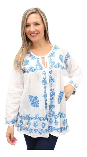 Blusa Mujer Blanca Algodon Bordada Mano Lucknow -  Anaandi 