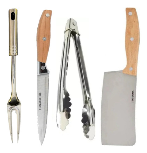 Set Asado Cocina Hacha + Tenedor + Cuchillo + Pinza Parrilla