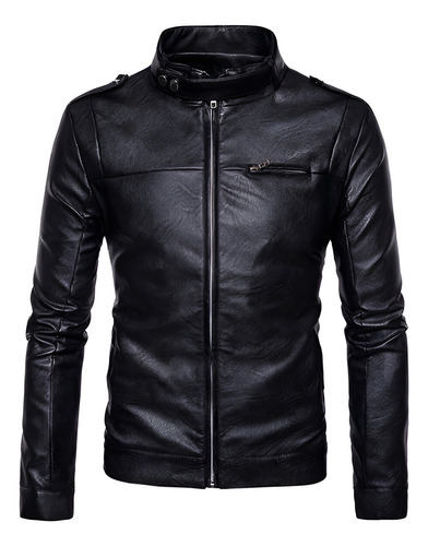 Chamarra Rockera De Piel Hombre Biker Cuello Alto Cinta B9