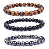 3 Pulseiras Hematita Olho De Tigre Onix - Proteção Diâmetro 22 Cm