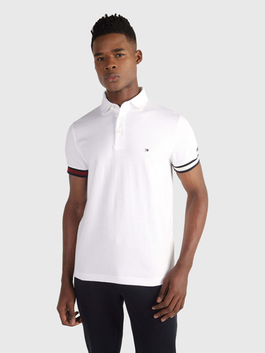 Polo Blanca Con Franjas  En Manga Tommy Hilfiger Hombre