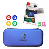 Case Capa Estojo + Película Vidro + 4 Grip Nintendo Switch Cor Azul