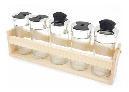 Frascos Especieros Set X5 Unidades + Base De Madera Condimen