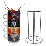 Kit Jogo 4 Xícaras De Café Star Wars Torre Com Suporte 150ml