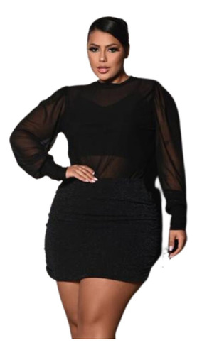 Trijunto Plus Size Cropped + Blusa De Tule + Saia Em Lurex 