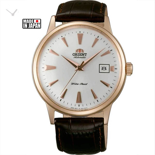 Relógio Orient Masculino Automático Bambino Pulseira Couro Cor Da Correia Marrom-escuro Cor Do Bisel Ouro Rose Cor Do Fundo Branco