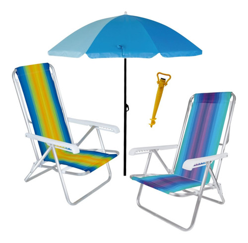 Kit Cadeira Reclinável 8 Pos Alum + Guarda Sol E Saca Areia