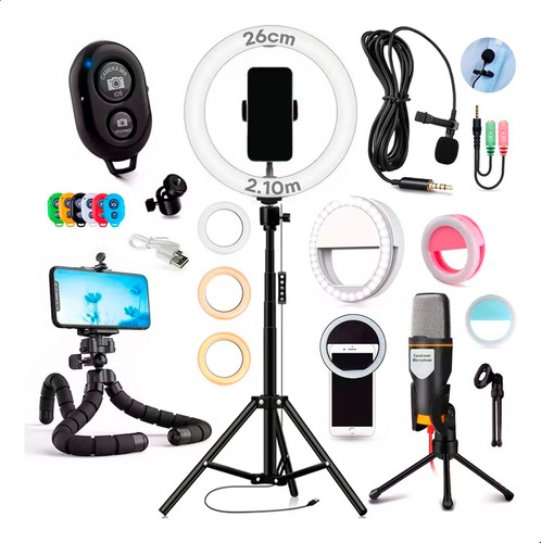 Kit Youtuber Tripé + Microfone Condensador + Ring Light 16cm