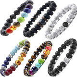 Pulseras De 7 Chakras De Piedra Lava Negra, 8mm (6pcs)